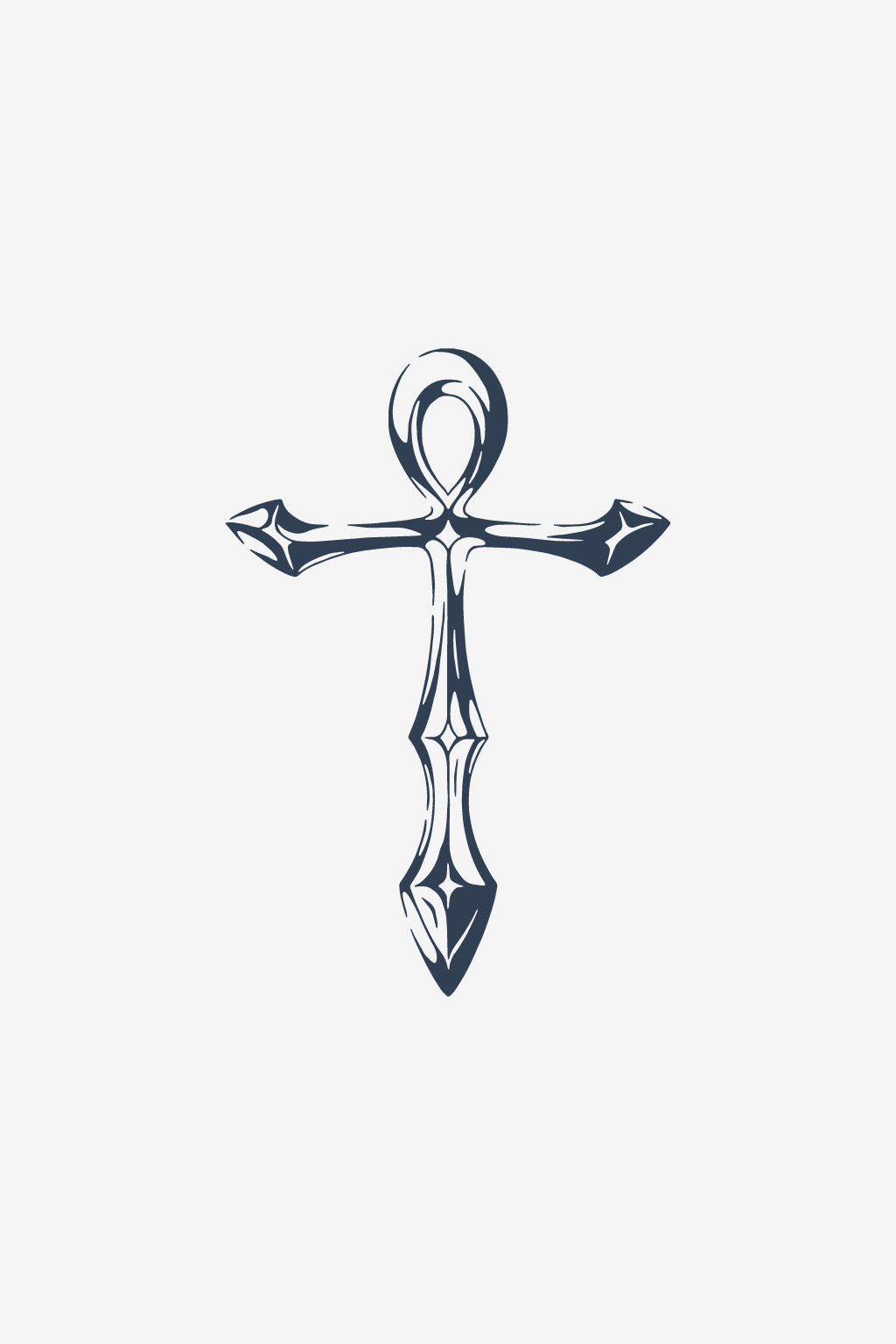 Model de tatuaj temporar cu simbolul ankh, stilizat cu margini ascuțite și reflexii metalice