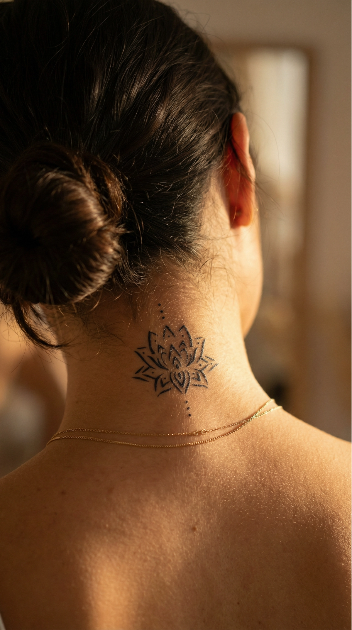 Tatuaj temporar linie fină cu lotus, simbol al purificării și renașterii